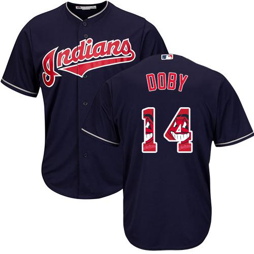 Indians #14 Larry Doby Navy Blue Team Logo Fashion Stitched MLB Jersey - Click Image to Close